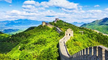 The Badaling section of the Great Wall of China in August on a sunny day.