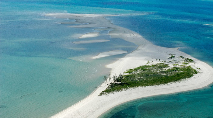 Aerial view of small tropical island of the coast of Mozambique Southern Africa
