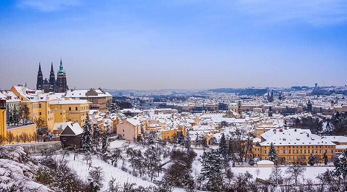 Aerial view of Prague during winter season